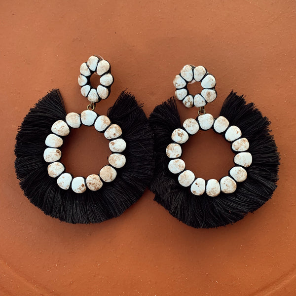 The Abilene Earrings White With Black Fringe